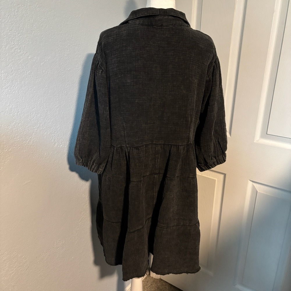 Umgee Boho Beachy Tiered Gauze Dress Mineral Wash Black Raw Edge Fringe Medium - Picture 3 of 15